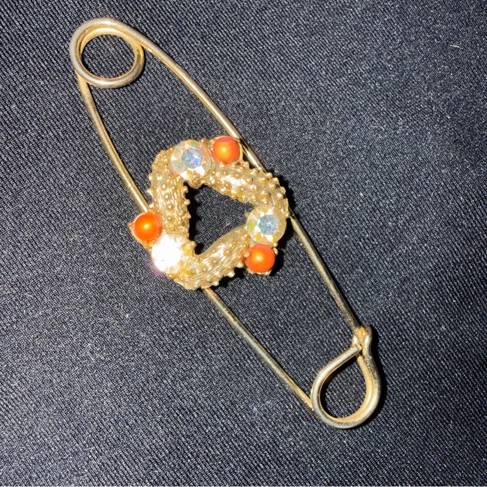 Elegant Gold Safety Pin Brooch Orange Accents coral AB rhinestones